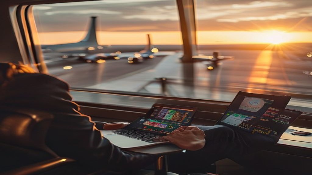 Traveler in airport lounge reviewing points and miles dashboard with credit cards and passport - ElevateMiles complete guide