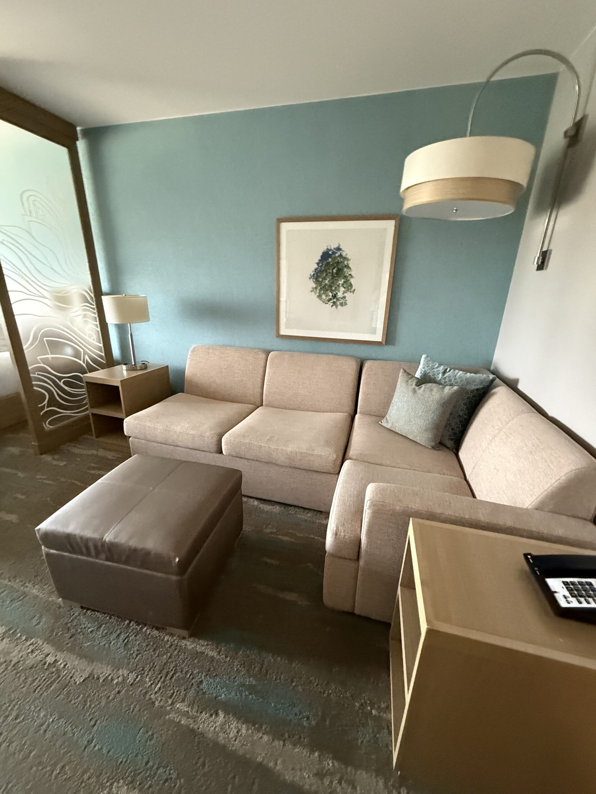 The living room area in our Hyatt Place suite — surprisingly roomy for a select-service brand, with a proper sectional and separate sleeping area behind the divider