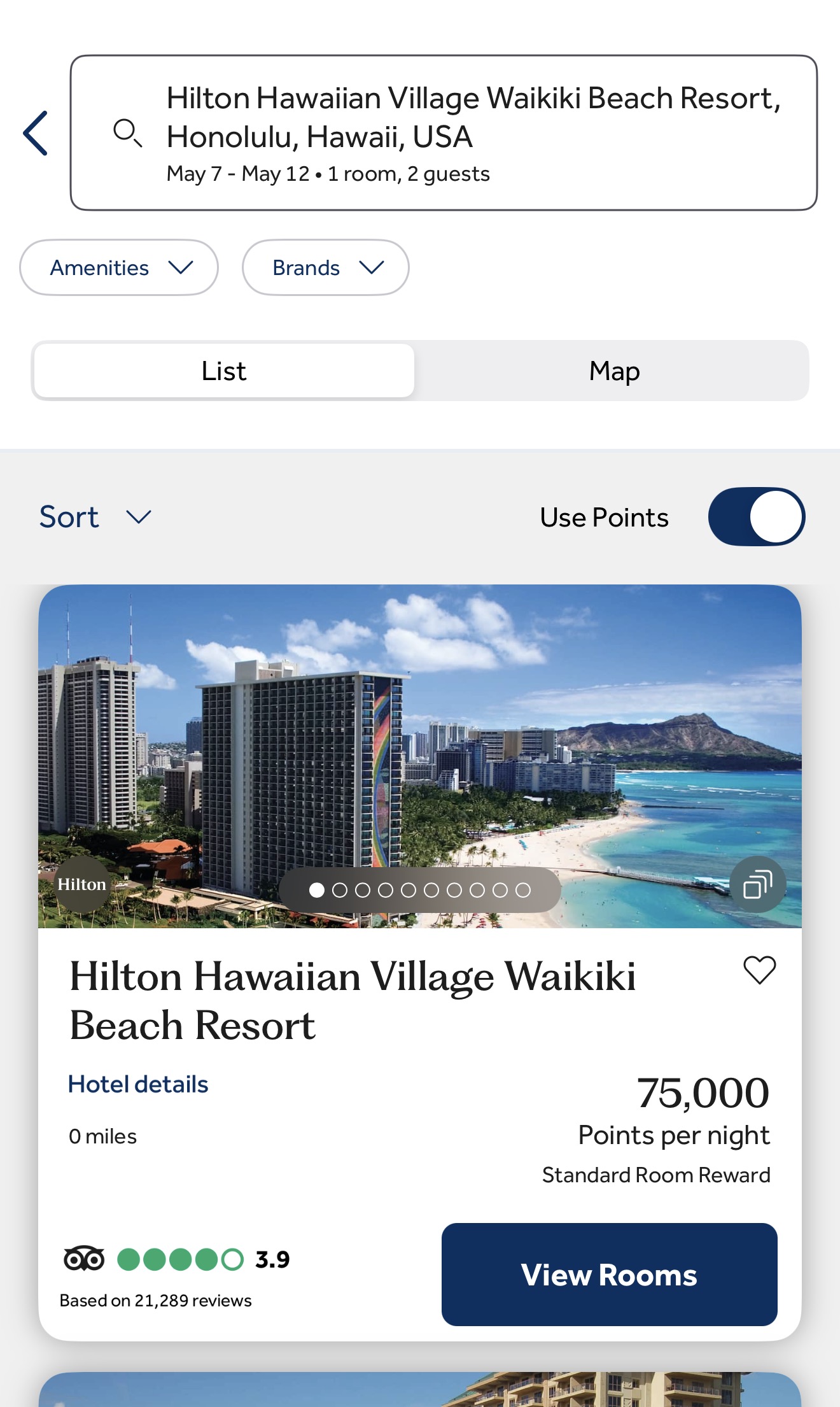 Hilton search results showing Hilton Hawaiian Village Waikiki Beach Resort at 75,000 points per night for a standard room, May 7 to May 12