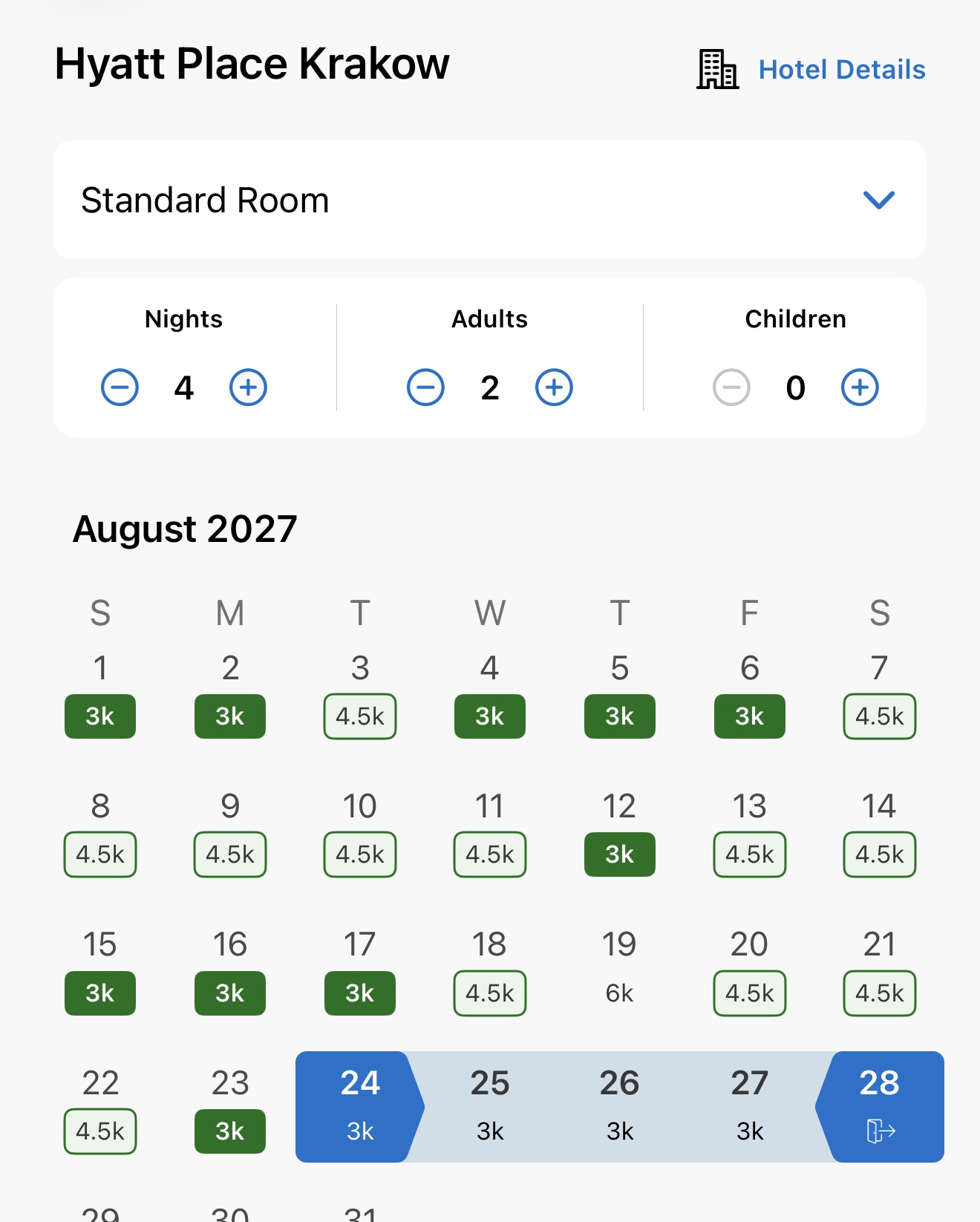 World of Hyatt award calendar showing Hyatt Place Kraków at 3,000 points a night on most August dates