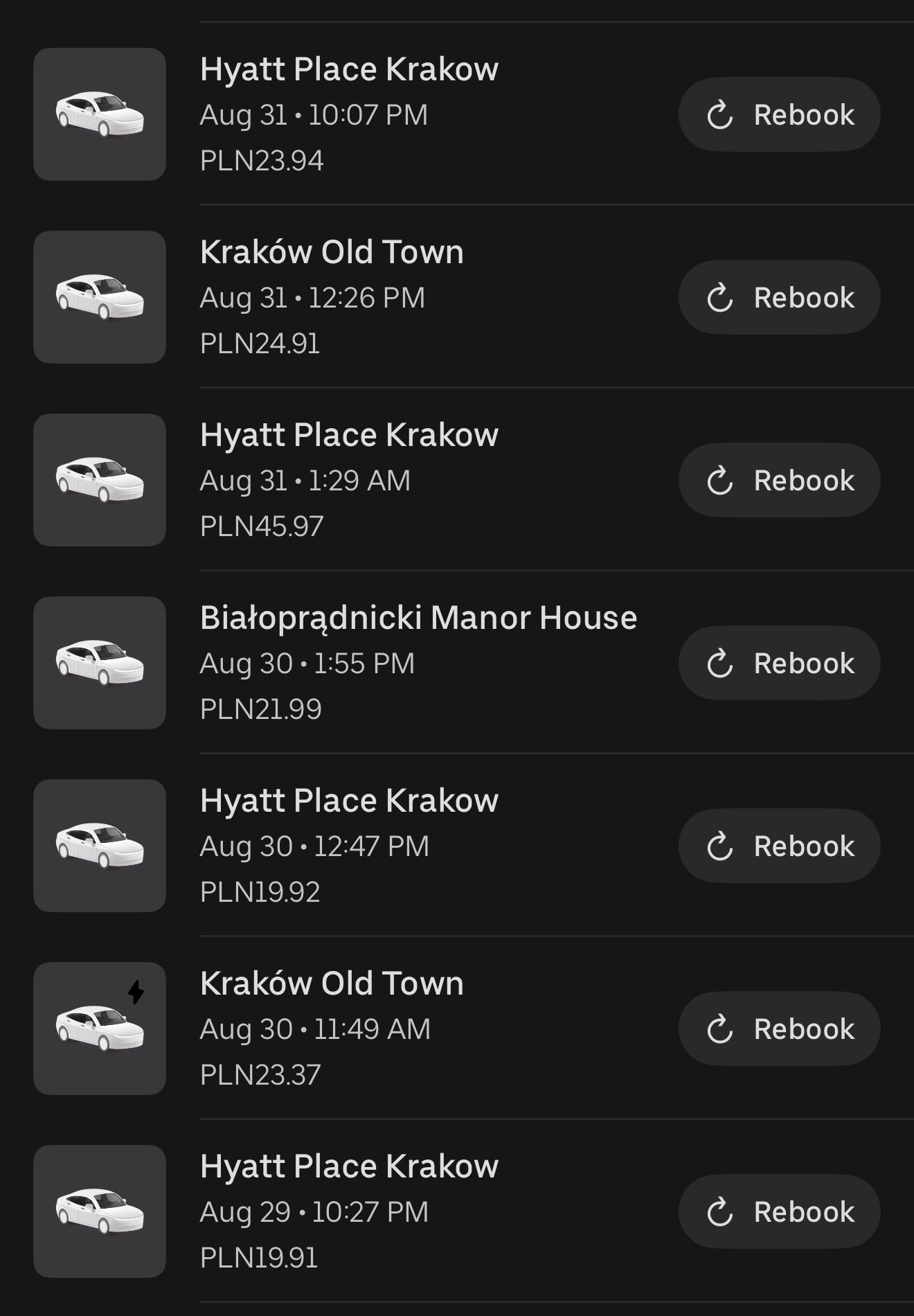 Uber ride history showing fares between Hyatt Place Kraków and Kraków Old Town