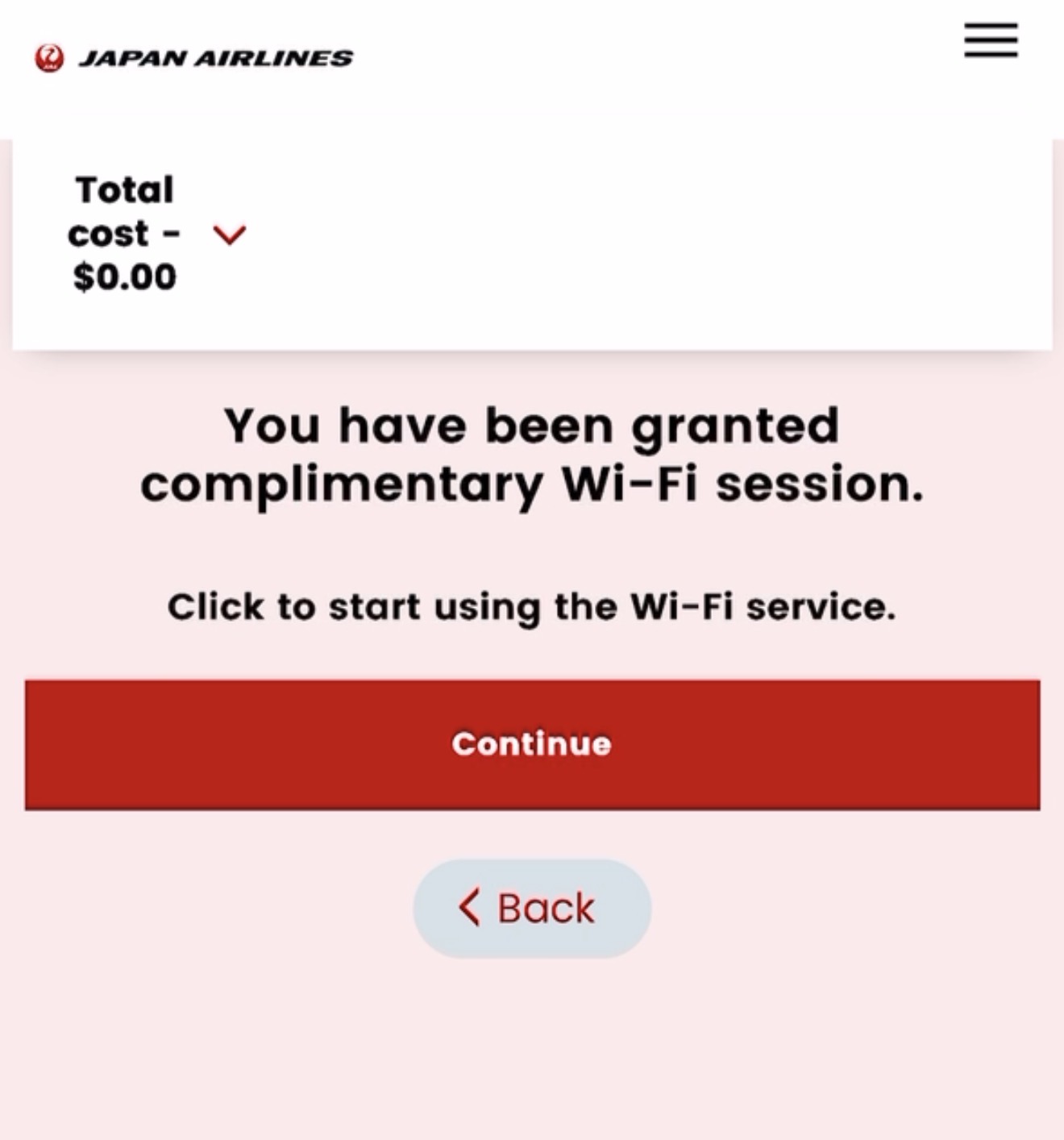 JAL inflight Wi-Fi portal confirming a complimentary session at zero cost