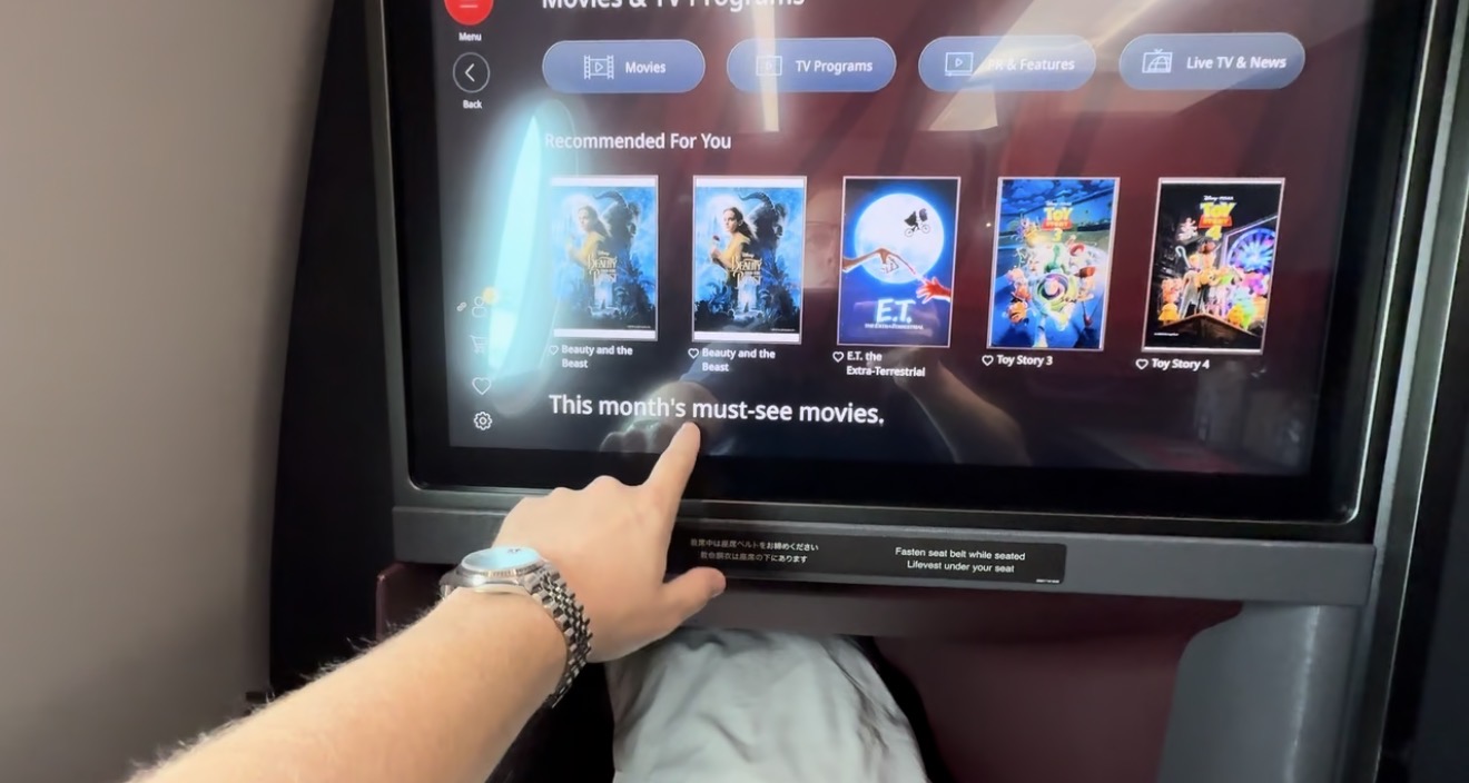 Selecting a film on the JAL A350-1000 touchscreen entertainment system
