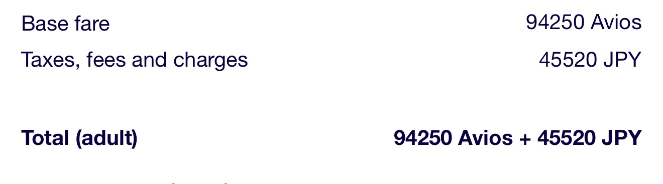 Finnair booking breakdown showing 94,250 Avios plus 45,520 JPY for JAL business class