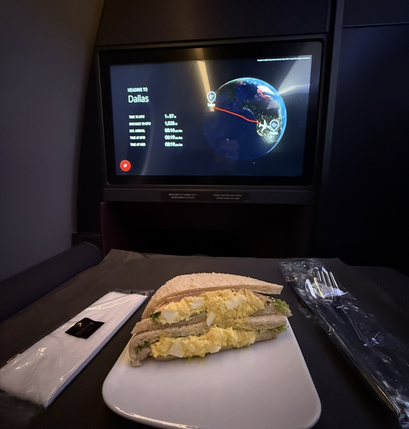 JAL business class egg salad sandwich with the moving map showing the approach to Dallas