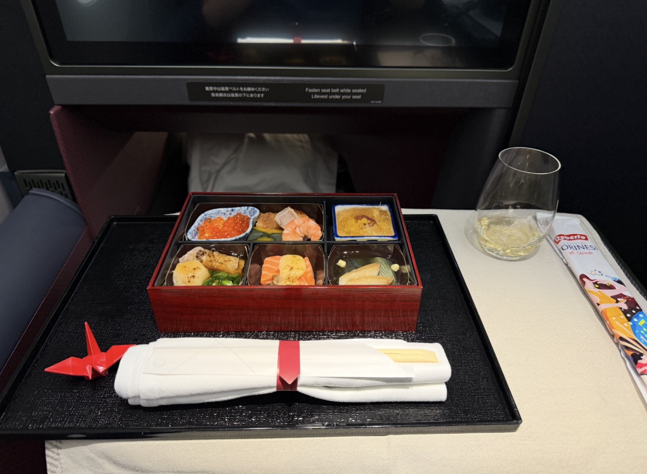 JAL business class Irodori Gozen appetiser box on the A350-1000, with salmon roe, shrimp, scallops and steamed egg custard