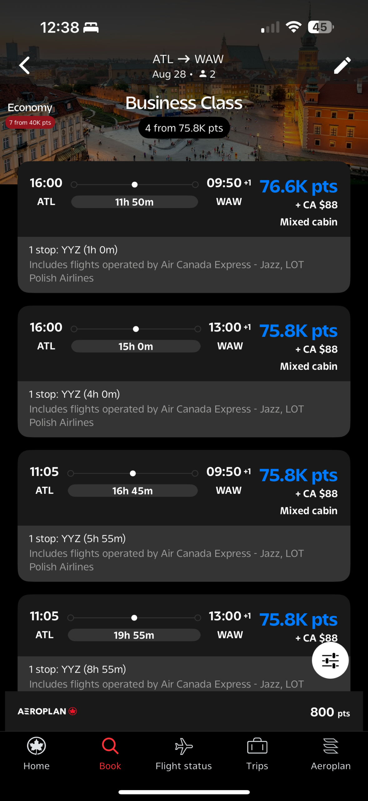 Aeroplan award search from Atlanta to Warsaw showing business class from 75,800 points plus CA$88