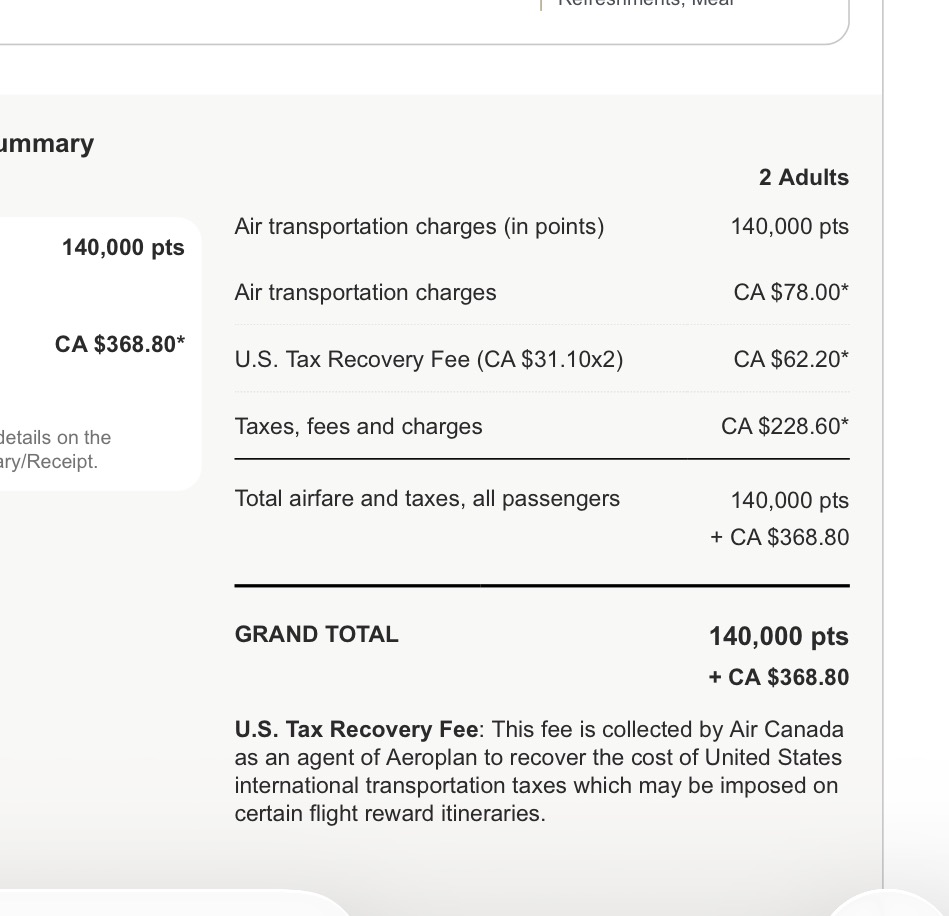 Aeroplan booking summary for the Lufthansa return: 140,000 points and CA$368.80 in taxes for two adults