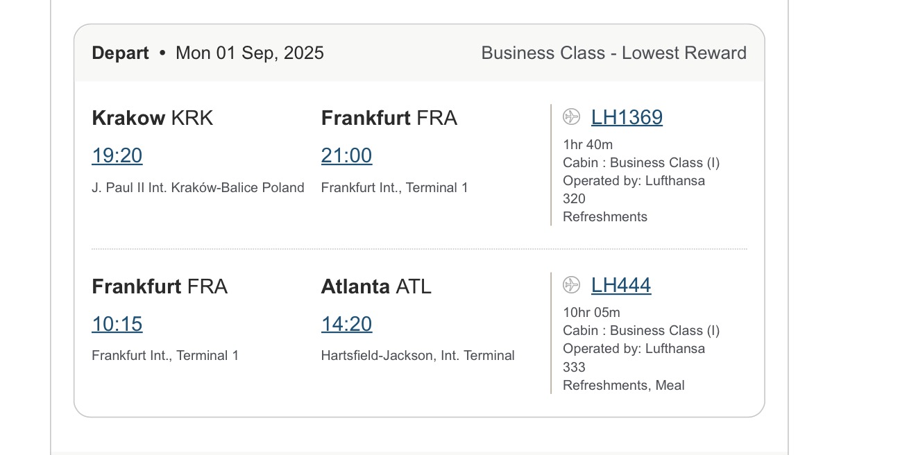Aeroplan itinerary showing LH1369 Krakow to Frankfurt and LH444 Frankfurt to Atlanta in business class
