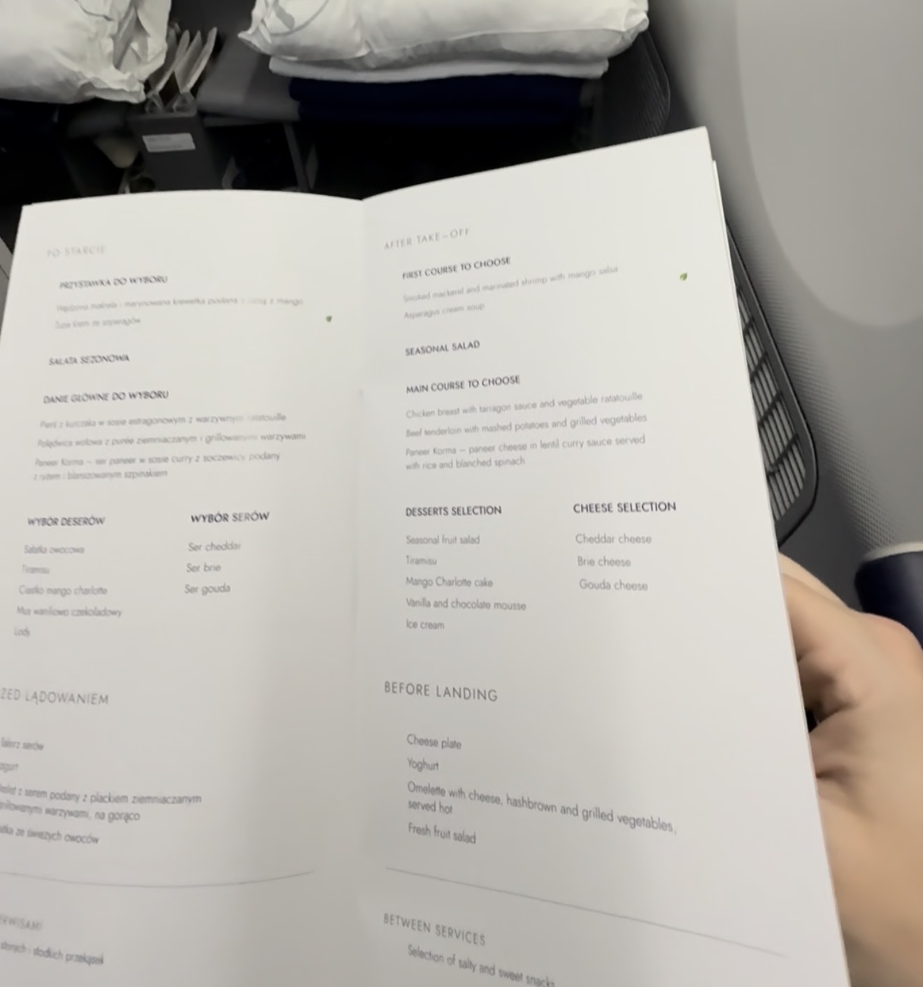 The LOT business class menu open, printed in Polish and English with first courses, mains and desserts